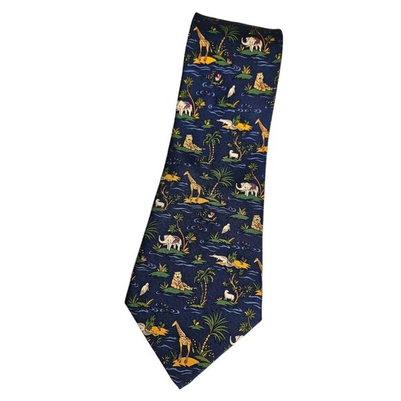 SALVATORE FERRAGAMO Men's 100% Silk Necktie LUXURY Blue Island Animal W:3.7" EUC - Picture 1 of 5